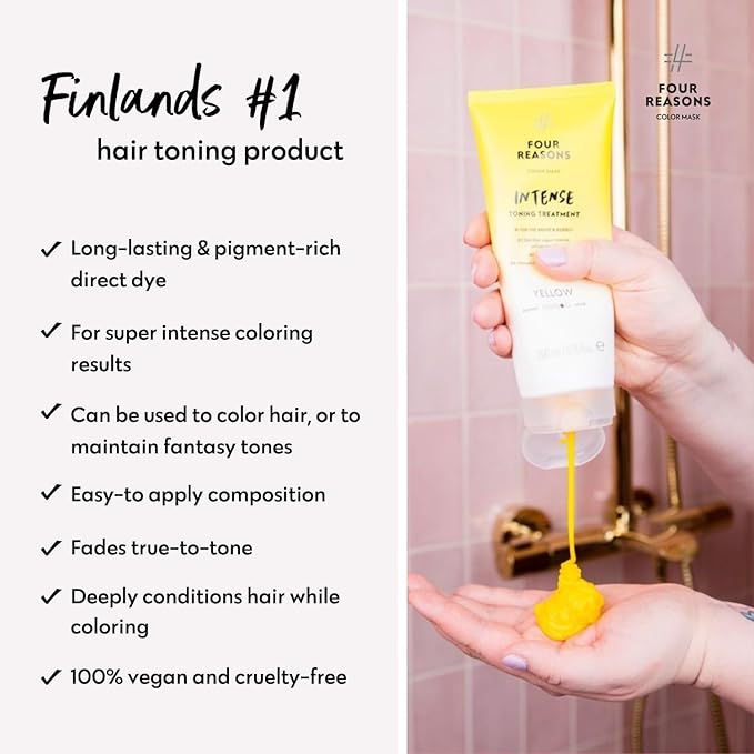 FOUR REASONS Color Mask INTENSE Yellow (27 Colors) - Intensive Toning Treatment - Color Depositing Conditioner – Semi Permanent Yellow Hair Dye for Lightened and Colored Hair– 100% Vegan, 6.76 fl oz