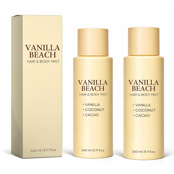 Vanilla Beach Hair and Body Mist - Vanilla Coconut Scented Personal Care Spray, Lightweight Daily Refresh Mist for Hair and Skin - 8.11 fl oz (2pcs)