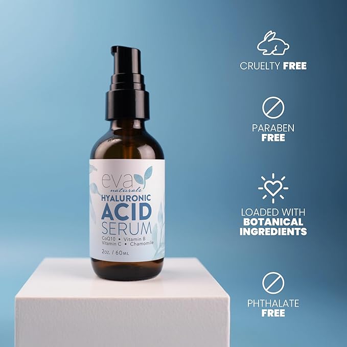 Eva Naturals Hyaluronic Acid Serum for Face – Lightweight Hydrating Facial Serum – Daily Moisturizer with Vitamin B5 – 60 ml