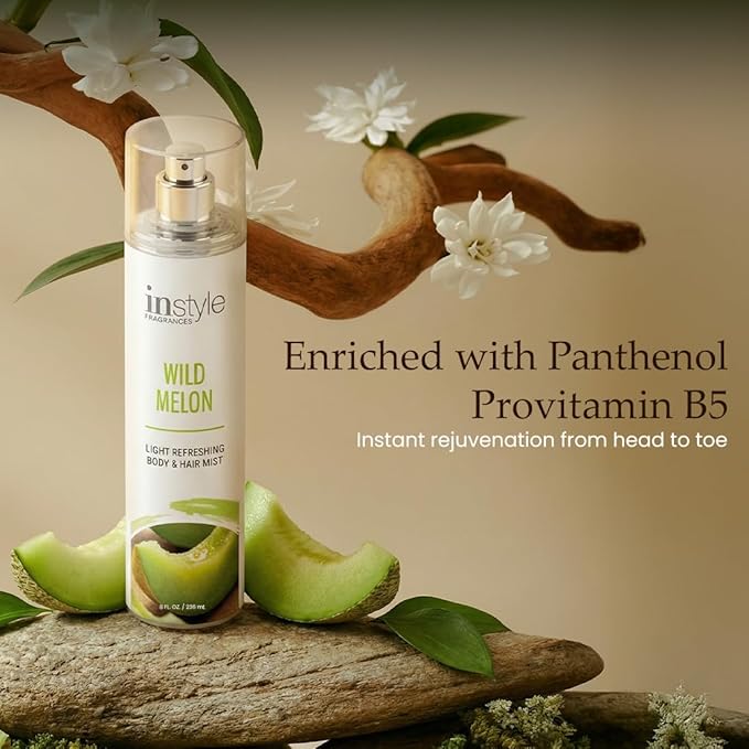 Instyle Fragrances Light Refreshing Body & Hair Mist, Wild Melon, Premium Women’s Body Spray, Infused with Panthenol, CLEAN, Vegan, Paraben-Free, Phthalate-Free, 8 Fluid Ounces