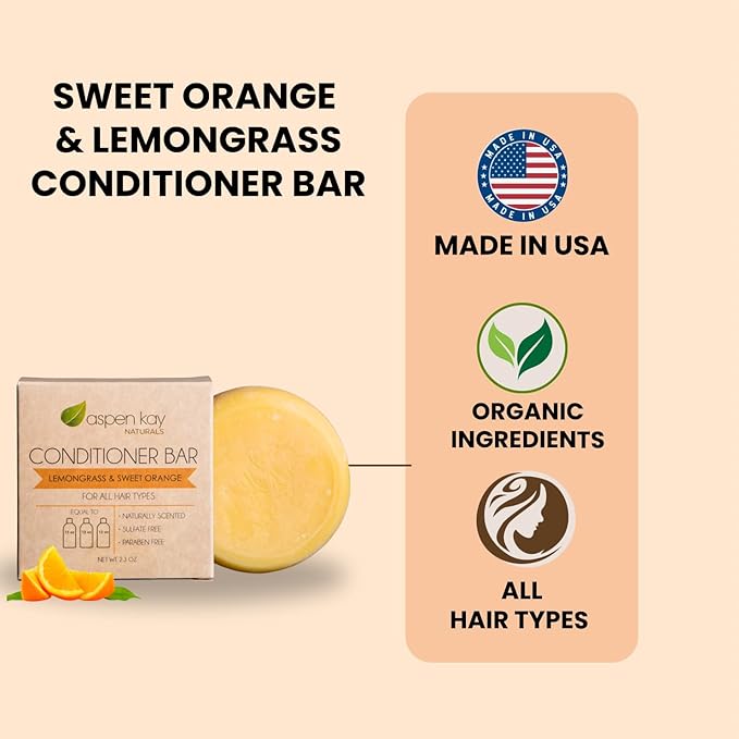 Aspen Kay Naturals Conditioner Bar, Lemongrass, 2.3 Ounce. Made With Natural & Organic Ingredients, All Hair Types including frizzy hair, Sulfate-Free, Cruelty-Free & Vegan
