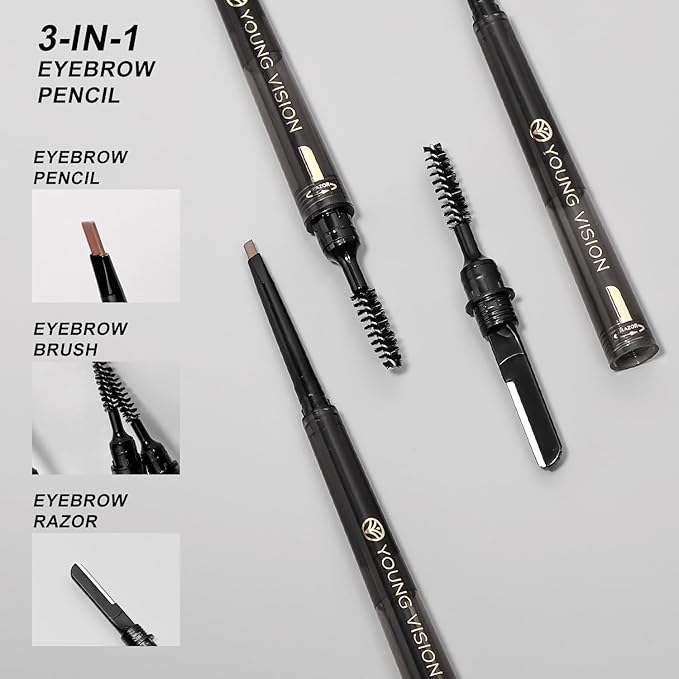 YOUNG VISION 3 in 1 Eyebrow Pencils for Women, Eye Brow Pen, Brush and Razor Trio, for Natural Hair-Like Brows, Easy to Color, Waterproof, Quick-Drying, Lasts All Day (Dark Brown)
