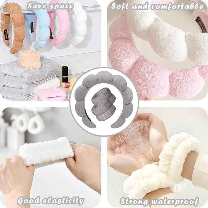 Spa Headbands for Washing Face Wristband Set Sponge Makeup Skincare Headband Wrist Towels Bubble Soft Terry Towel Cloth Hairband for Women Puffy Headwear Non Slip Thick Thin Hair Headwear (Dark gray)