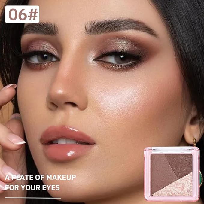 Neutral Brown Nude Shimmer Baked Eyeshadow Palette, 3 Color High Pigment Blendable Eye Shadow Makeup for Older Women,Travel Mini Palette Suitable for All Eye Shapes Vegan Cruelty-Free Smokey Look 06#