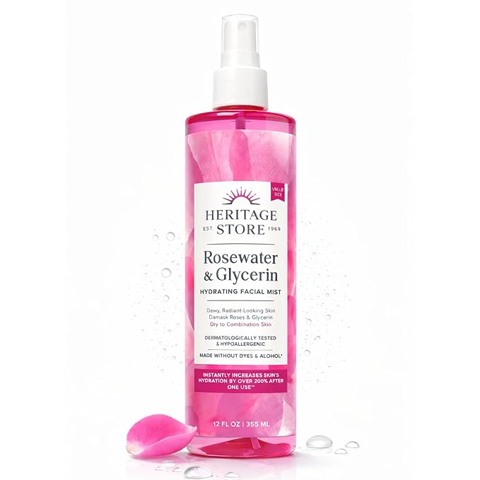 HERITAGE STORE Rosewater & Glycerin Hydrating Facial Mist - Dry Combination Skin Care - Rose Water Spray w/Vegetable Glycerine, Made Without Dyes or Alcohol, Hypoallergenic, 12 FL OZ