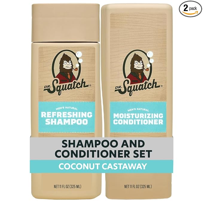 Dr. Squatch Men's Natural Shampoo and Conditioner Set – Sulfate & Paraben Free Natural Shampoo and Conditioner for Men – Scalp Nourishing Formula – Coconut Castaway (11 fl oz, 2-Pack)
