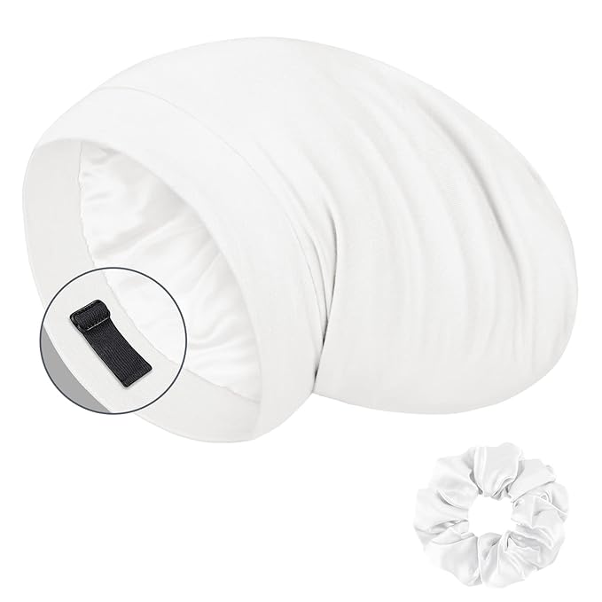LULUSILK Mulberry Silk Bonnet for Sleeping Women, Real Silk Sleep Cap for Curly Hair and Braids, Pure Silk Head Wrap with Scrunchies, White