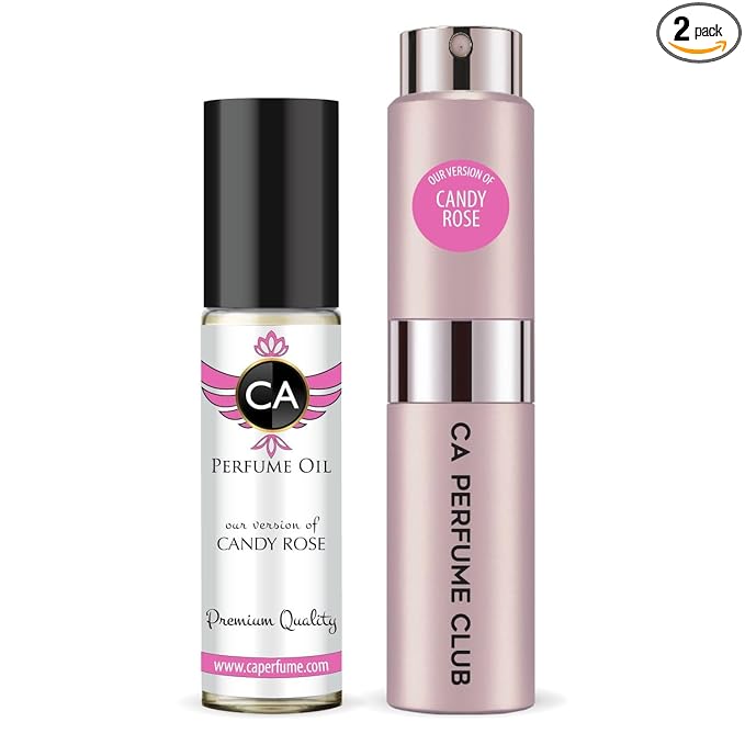 CA Perfume Duo Impression of Candy Rose For Women Perfume Layering Set Long Lasting Travel Size EDP + Body Oil Roll-On Bottle 0.27 Fl Oz+0.33 Fl Oz