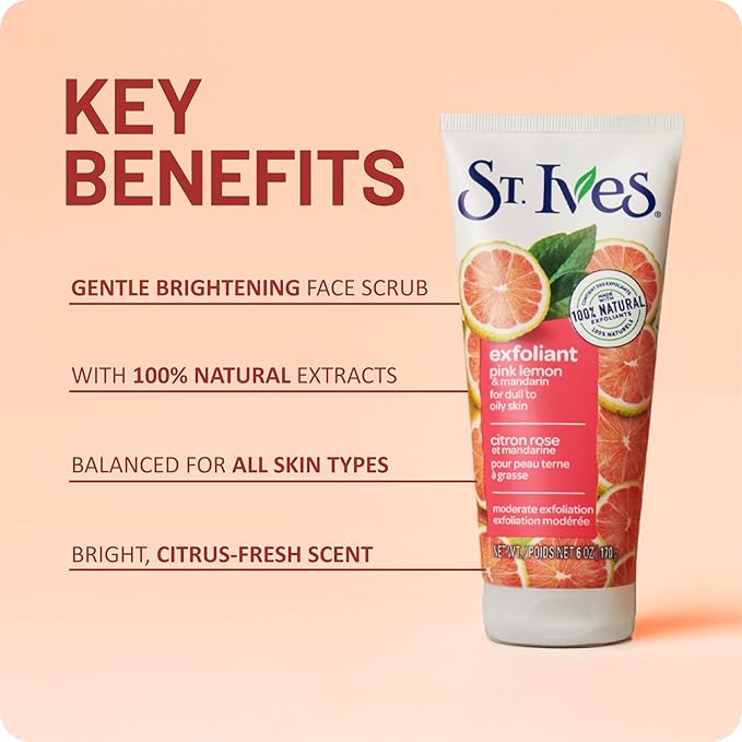 St. Ives Exfoliant Face Scrub – Skin-Brightening Pink Lemon & Mandarin for Glowing Skin, 6 Oz Ea