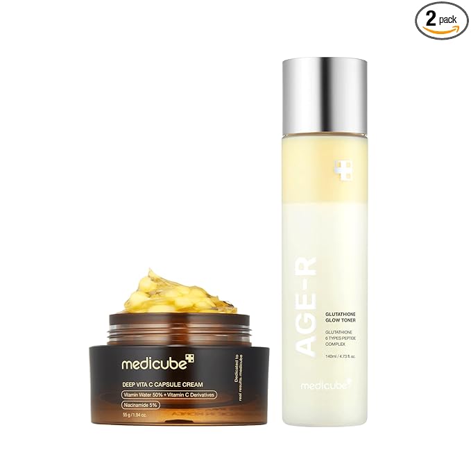 medicube All Over Glow Skin Duo: Deep Vitamin C Golden Capsule Face Moisturizer and Age-R Glutathione Glow Milky Toner
