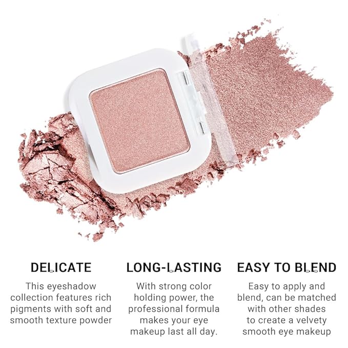 Dusty Pink Champagne Single Eyeshadow Palette, Rose Gold Ice Pink Nude Glitter Cream Eye Shadow Palette Makeup for Older Women, Brightener High Pigment Long Lasting Monochrome Mini Eyeshadow