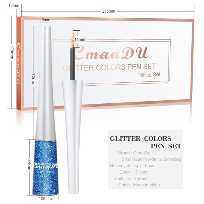 16 Colors Glitter Eyeliner Liquid Set, Metallic Glitter Liquid Eyeshadow, Waterproof Long Lasting White Silver Rose Gold Pink Colorful Rainbow Eyeliners Gifts Mother's Day for Women