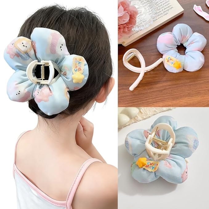 Ouliget Large Fabric Flower Claw Clip,Cute Oversized Hair Clip for Girls Women,Creative Hair Ties Ponytail Decorative Headwear for Christmas Party Decoration (Bule Flower)