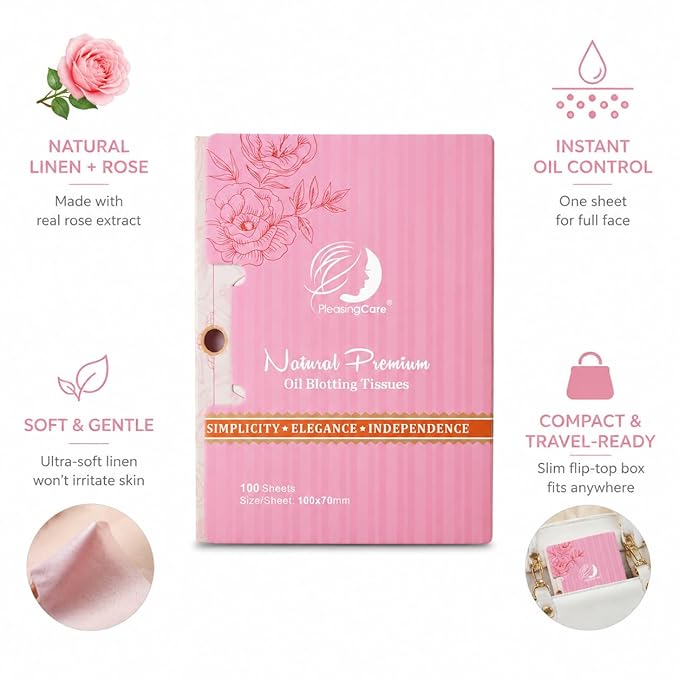 Rose Oil Blotting Sheets for Face, 100 Count Biodegradable Oil Absorbing Paper with Natural Rose Extract, Eco-Friendly Makeup-Friendly Blotting Papers for Oily Skin, Portable Face Sheets