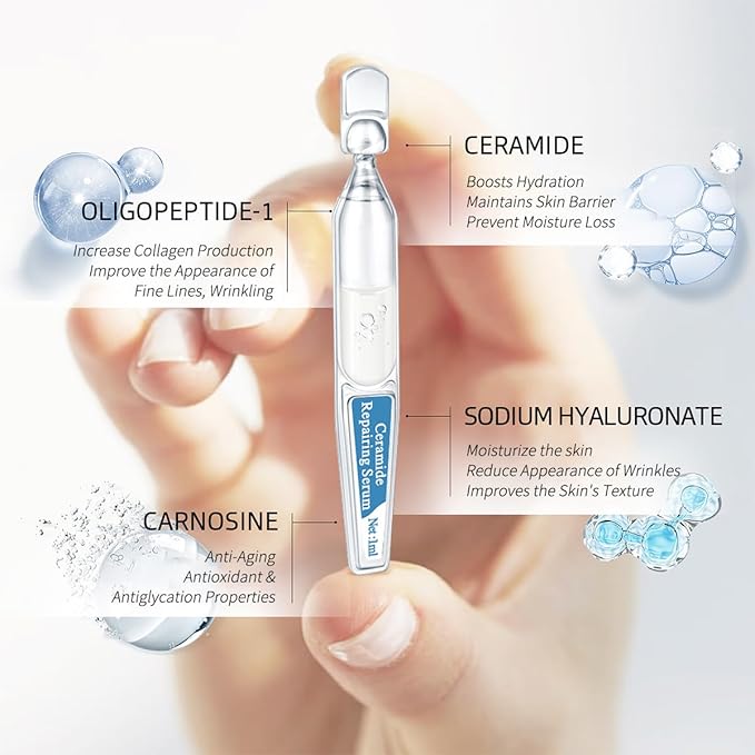 Ceramide Ampoule Serum with Hyaluronic Acid, Peptide, Hydrating & Anti Aging, Skin Barrier Repair Face Serum for Dry and Sensitive Skin, 30 Pcs/Box