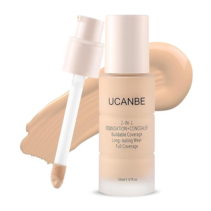 UCANBE 2-IN-1 Foundation + Concealer, Full Coverage Long-Lasting Matte Makeup for Normal, Combination and Oily Skin, Buildable Waterproof Formula with Hyaluronic Acid （06 Warm Honey）