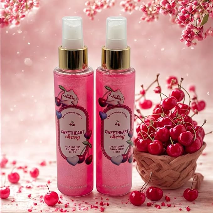 Bath & Body Works SWEETHEART CHERRY Diamond Shimmer Mist for Women 2-piece Set with a Red Bow for Holidays – 4.9 fl oz each