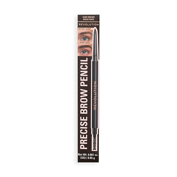 Revolution, Precise Brow Pencil, Dual-Sided, Ultra-Fine Pencil Tool, Includes Spoolie Brush, Vegan & Cruelty-Free, Dark Brown