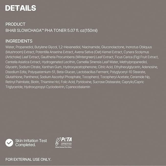 BHAB SLOWCHAGA PHA Toner with Gluconolactone Panthenol Niacinamide Wintergreen Glutathione for Hydration Mild Soothing & Gentle Peeling Korean Glass Skin Care 5.07 fl.oz(150ml)