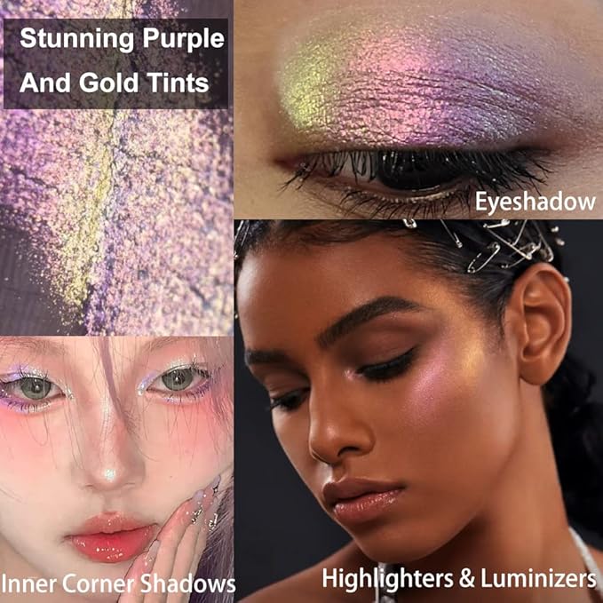 Afflano Single Purple-Gold Eyeshadow Shimmery, Duo Chrome Multichrome Eyeshadow Purple, Holographic Glitter Eye shadow, Color Change Sparkle Chameleon Eye shadow Luminizer Highlighter Makeup