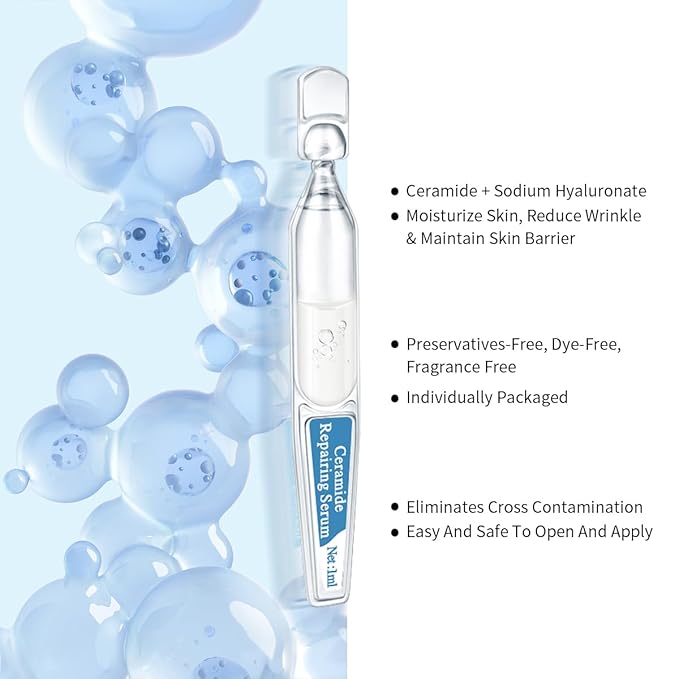 Ceramide Ampoule Serum with Hyaluronic Acid, Peptide, Hydrating & Anti Aging, Skin Barrier Repair Face Serum for Dry and Sensitive Skin, 30 Pcs/Box