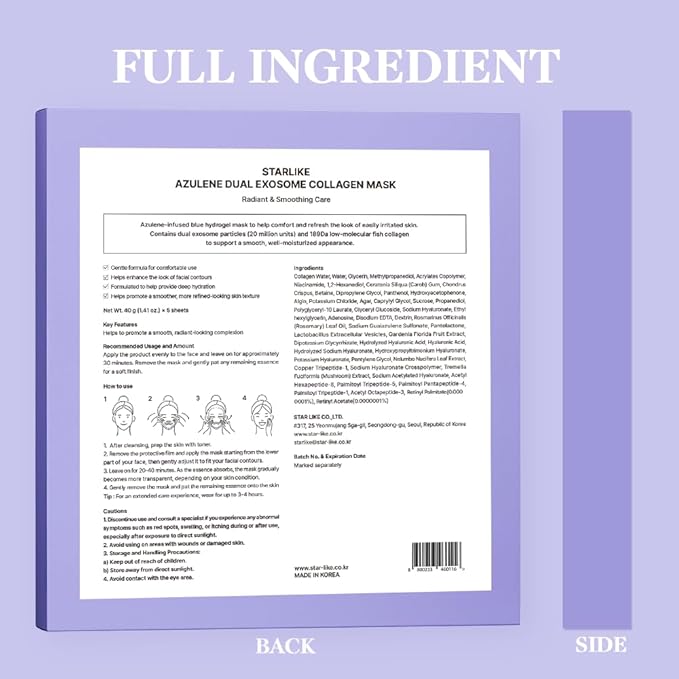 starlike Collagen Hydrogel Face Mask I 5 Sheets (1.41 oz x 5) I Dual Exosome & Azulene I 189Da Ultra-Low Molecular Collagen I Korean Mask Sheet for Deep Hydration, Revitalizing Care & Refreshed Look