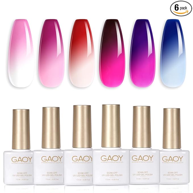 GAOY Color Changing Gel Nail Polish Set, 6 Temperature Mood Changing Colors Red Pink Purple, Soak Off UV Light Cure Gel Polish for Salon and Nail Art DIY at Home