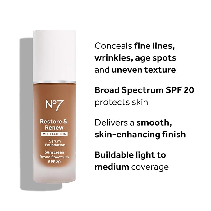 No7 Restore & Renew Multi Action Serum Foundation - Cedar - Liquid Foundation Makeup with Vitamin C, Vitamin E & Collagen for Face - Beauty Skin Serum Formula with Medium Coverage (30ml)