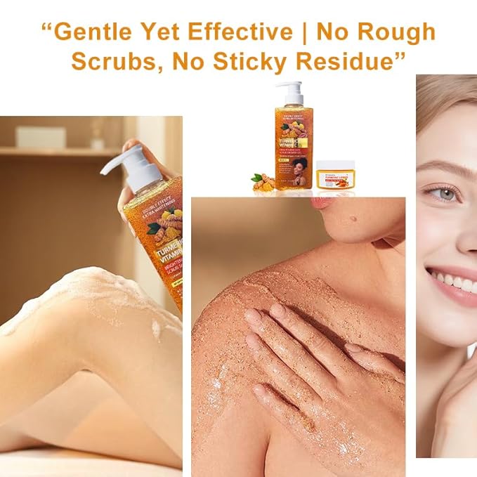 Body Scrub and Body Wash Set with Vitamin C, Turmeric & Lemon, 2-Pack Exfoliating Body Polish and Moisturizing Shower Gel for Smooth Skin, 16.9 fl oz & 3.53 oz