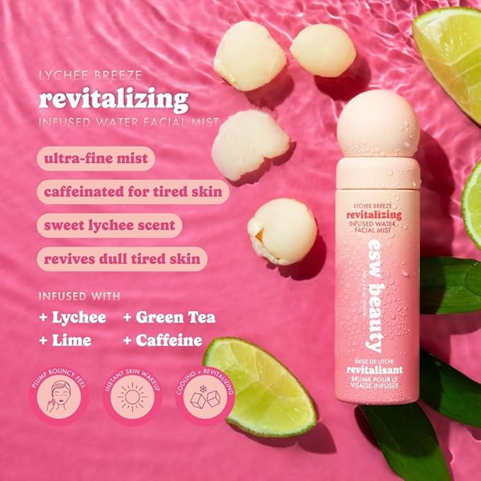 ESW Beauty Lychee Breeze Facial Mist - Hydrating Face Mist - Makeup Primer & Setting Spray - Scented Face Toner with Lychee Water, Lime, Green Tea & Caffeine 3.4oz