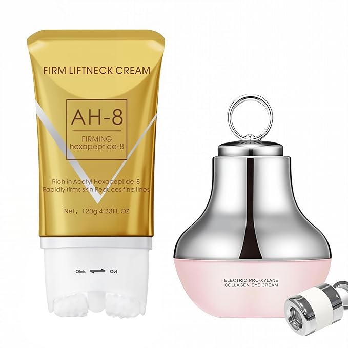 AH-8 Firming Neck Cream & Electric Massage Eye Cream Bundle, Revitalizing Smooth of Eye Fine Lines, Eye & Neck Treatment, Lift Crepey Anti-Wrinkle, Deep Hydration Skincare Skin Moisturizer