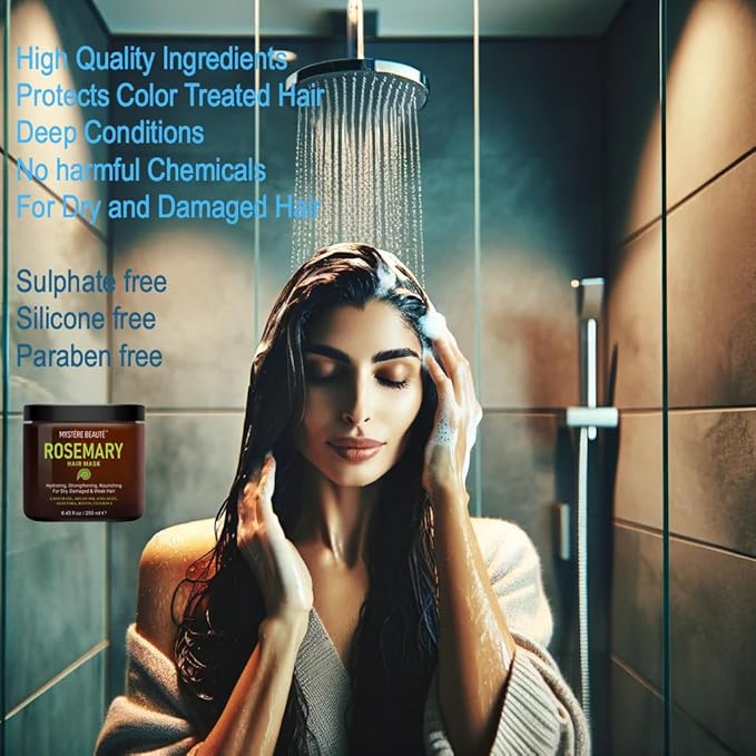 MYSTÉRE BEAUTÉ Rosemary Hair Treatment - with Collagen, Biotin, Argan Oil for Dry, Damaged, Curly Hair - Strengthening Deep Conditioner for Split Ends & Growth - 8.45 fl oz