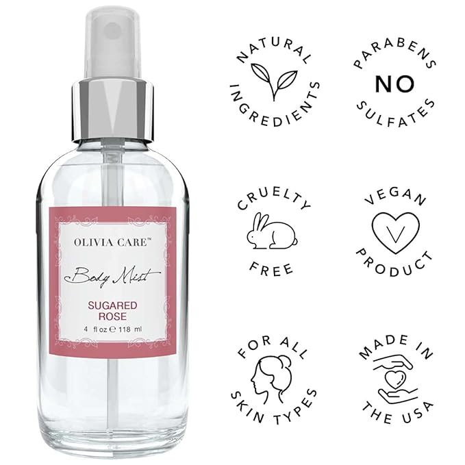 Olivia Care Body Mist Spray Made with Natural Sugared Rose Fragrance Scent - Refreshing, Soothing & Moisturizing - Eliminate Odor with Fresh Floral Aroma