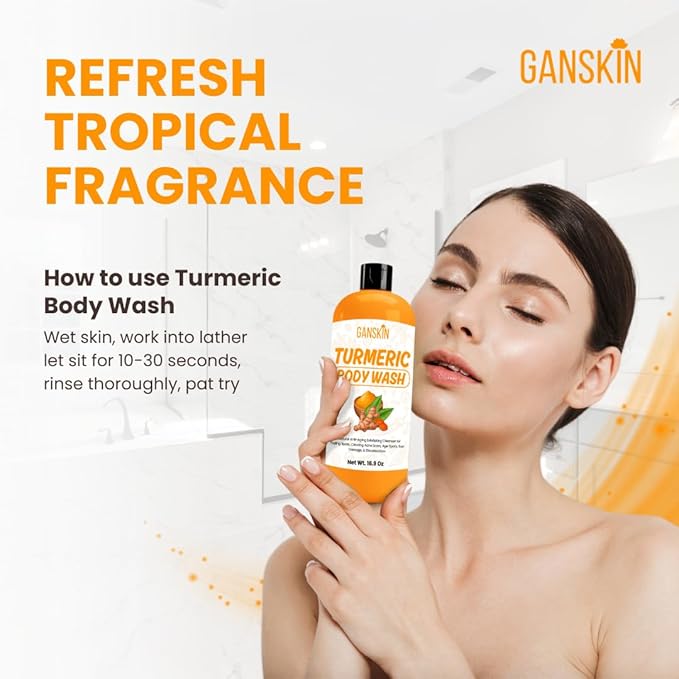 Turmeric Body Wash – Skin Brightening Liquid Soap for Discoloration – Natural Anti Aging Exfoliating Turmeric Body Wash for Spots, Acne, Sun Damage – Bath Soap Skincare