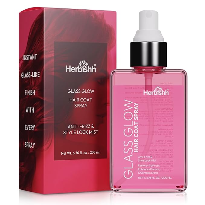 Herbishh Glass Glow Hair Coat Spray(6.76 fl oz)Anti Humidity & Heat Protectant Shine Coat for Frizz Control & Glossy Finish, Lightweight Texture Finishing Mist, Salon Quality Styling Spray Women & Men