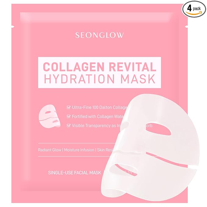 Collagen Hydration Mask, 100-Dalton Ultra-Low Molecular Collagen & Peptide Complex, Deep Hydration, Elasticity & Pore Care, 34g / 1.19 oz (1 Sheet) x 4ea