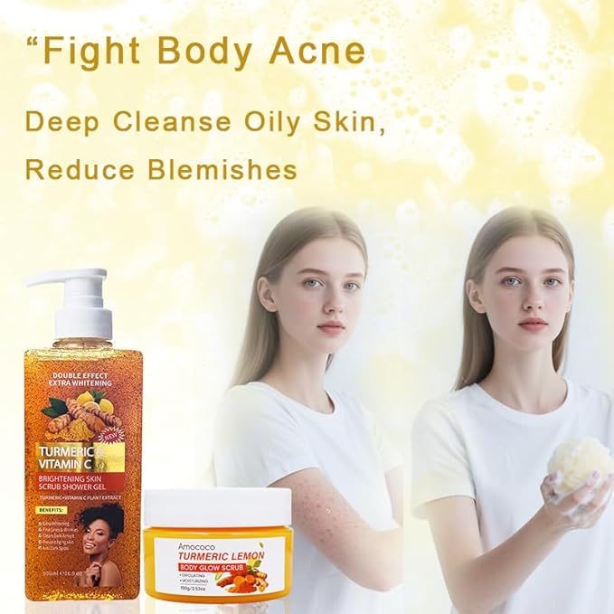 Body Scrub and Body Wash Set with Vitamin C, Turmeric & Lemon, 2-Pack Exfoliating Body Polish and Moisturizing Shower Gel for Smooth Skin, 16.9 fl oz & 3.53 oz