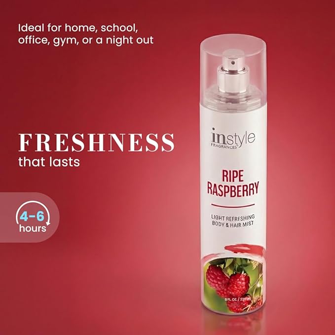 Instyle Fragrances | Body & Hair Mist | Ripe Raspberry Scent | With Panthenol | CLEAN, Vegan, Paraben Free, Phthalate Free | Premium 8 Fl Oz Spray Bottle