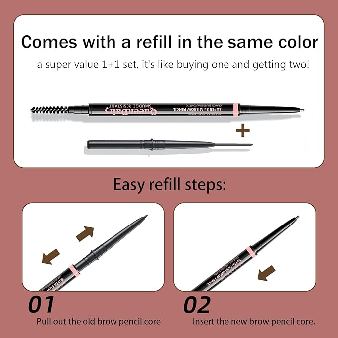 Replaceable Eyebrow Pencil, Ultra Fine 1.5mm Tip Draws Tiny Brow Hairs, Long Lasting & Budgeproof, Waterproof Brow Pencil Built-in Spoolie Brush (Caramel Brown)