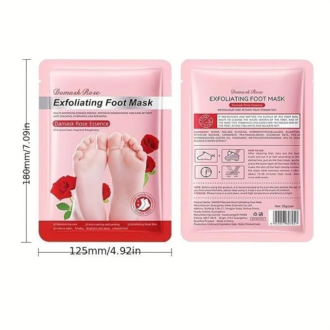 Damask Rose Foot Peel Mask (6 Pack), Exfoliating Foot Mask for Dry Cracked Feet, Dead Skin Callus Remover, Foot Exfoliator for Baby Soft Feet (Rose)
