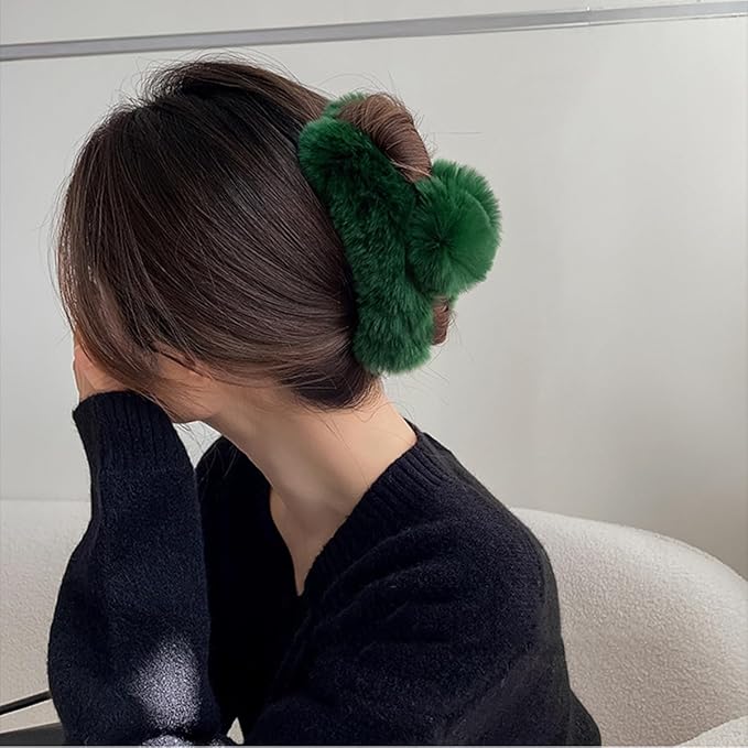 YOYLMAL Large Faux Fur Hair Claw Clip for Women, 5.1 Inches Winter Fluffy Fuzzy Hair Clips, Nonslip Strong Hold Furry Big Jaw Clamp for Thick Long Hair (Dark Green)