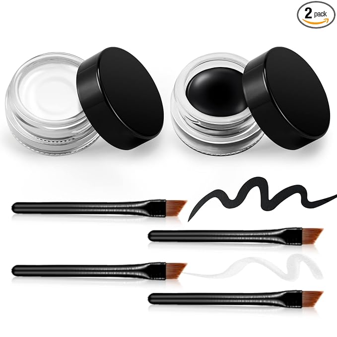 Erinde [2PCS] Waterproof Gel Eyeliner Set, Long Lasting Cream Eye Liner Gel, High-Intensity Pigments Smudge-Proof Eye Liner Makeup, Water-Resistant Eyeliner with 4PCS Brushes (Balck & White)