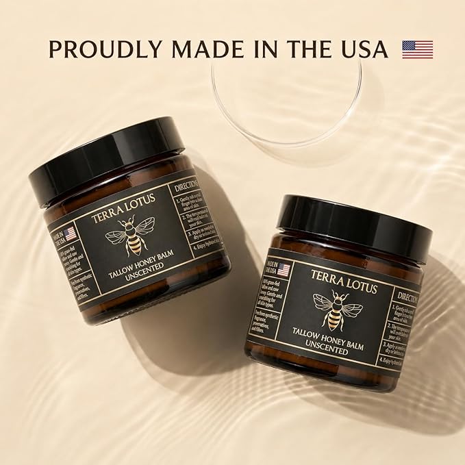 Terra Lotus - Organic Grass-Fed Beef Tallow Balm with Raw Honey - Moisturizing Cream for Soft, Smooth Skin - Handmade All-Natural Moisturizer (2 Oz, Unscented)