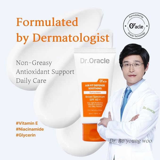 Dr.Oracle Air Fit Defense Soothing Sunscreen- SPF 40+, Outdoor Essential, No White Cast, Non-Greasy, Niacinamide, Vitamin E Sun Block For face, Korean Skin Care, Lightweight, Hydrating 1.69 fl. oz