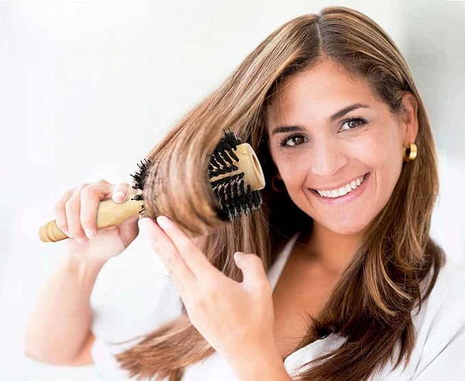 High-Density Soft Boar Bristles Wood Blow-dry Round Hairbrush - Curl, Style Bangs or Short Fine or Normal Hair (Cheek to Shoulder-Length) for Salon Blowouts & Shine, Small 1" Roller, 2" with Bristles