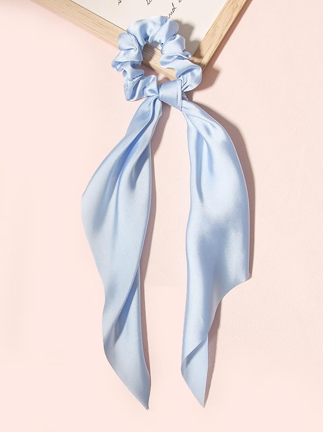 Pack of 2 Knotted Bow Hair Scrunchies Elastic Hair Scarf Hair Ties Bands Satin Hair Ribbon Scrunchy Ponytail Holder for Women and Girls,Hair Scarf Scrunchies with Tail, Hair Accessories (Light Blue)