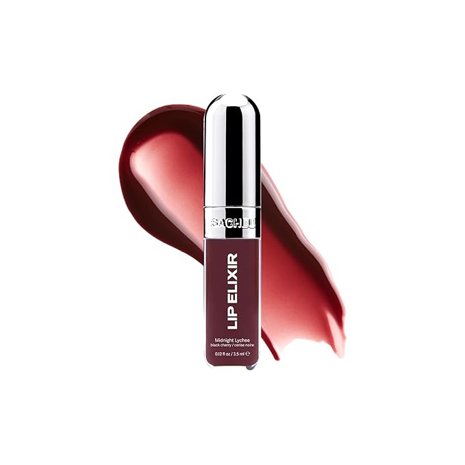 Sacheu Lip Elixir Nourishing and Hydrating Lipgloss — Moisturizing Plumping Lip Gloss Enriched with Collagen, Non-Sticky Lip Color Smooth High-Shine Finish, Vegan & Cruelty-Free, Midnight Lychee
