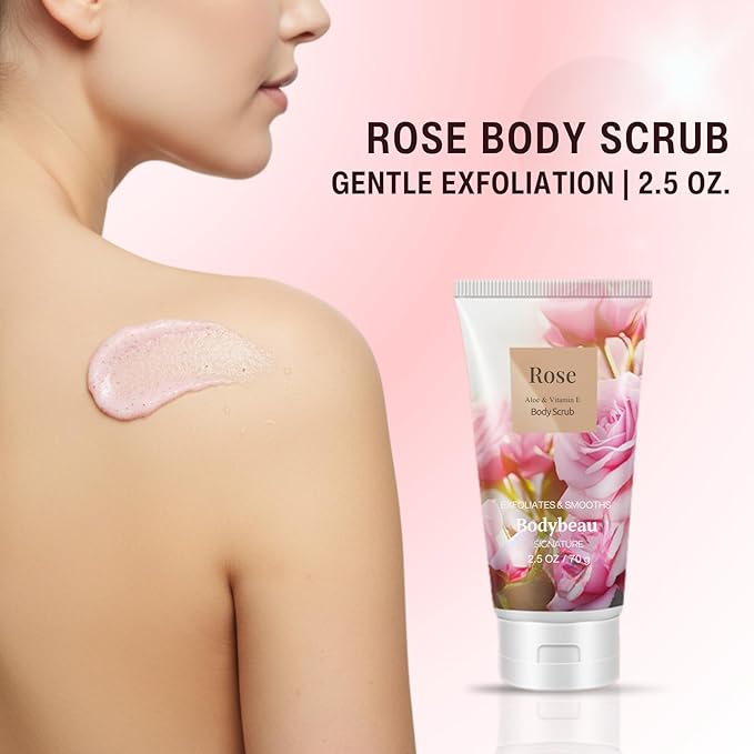 Rose Spa Gift Set For Women - 4PCS Luxury Bath and Body Kit with Shower Gel, Body Scrub, Lotion & Body Mist - Portable Travel Size Self Care Gift for Mom, Wife, Teens, Friends or Her