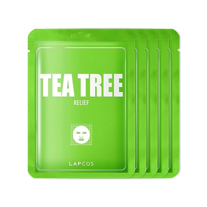LAPCOS Derma Tea Tree Sheet Mask - Soothing & Calming Face Mask with Althaea Flower Extract for Irritated & Sensitive Skin - Breathable, Lightweight TMF-Cell Sheet - Korean Skin Care (Pack of 5)