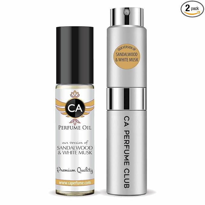 CA Perfume Duo Impression of Sandalwood & White Musk For Women And Men Perfume Layering Set Long Lasting Travel Size EDP + Body Oil Roll-On Bottle 0.27 Fl Oz+0.33 Fl Oz